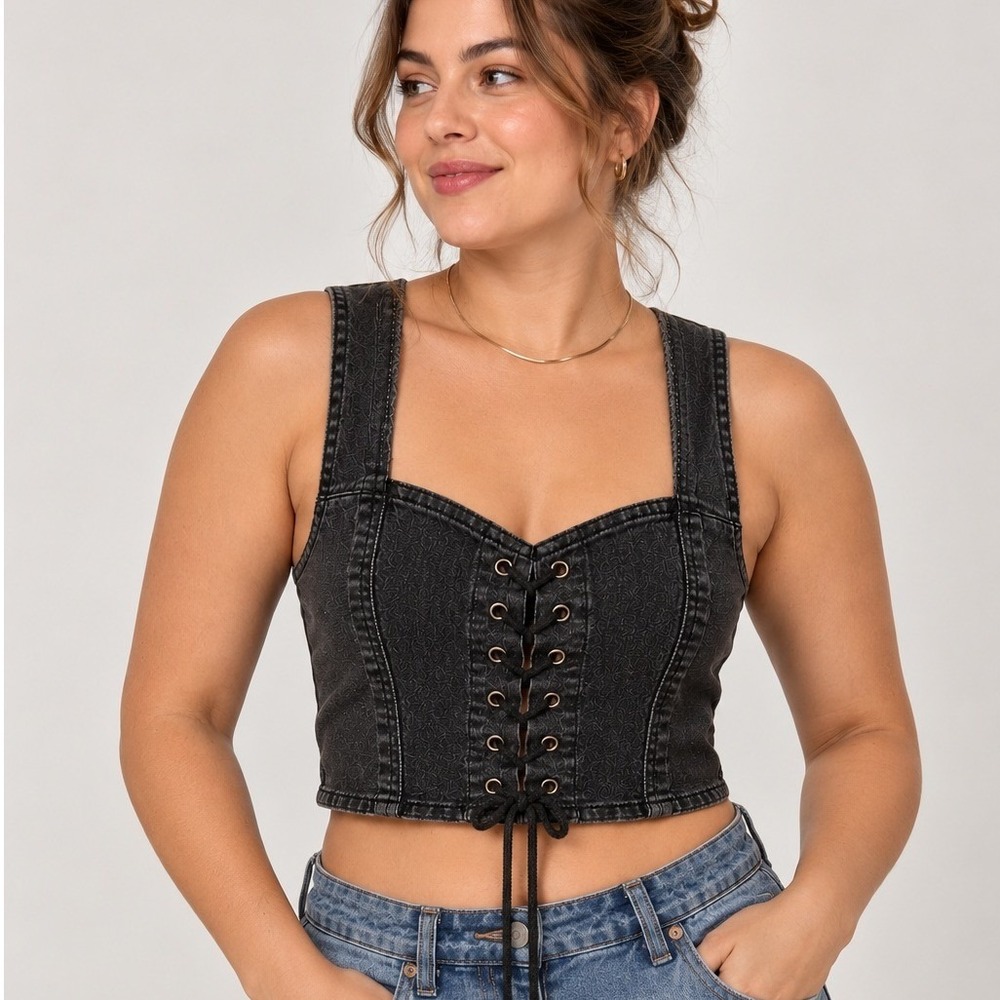 Forever 21 Black Denim Lace Up Corset Crop Top Washed Medium Sleeveless Bustier